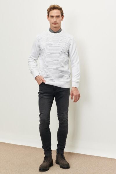 Altınyıldız 4A4923100043 Erkek Kemik-Gri Çizgili Bisiklet Yaka Kazak