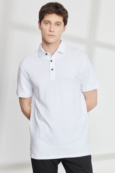 Altınyıldız 4A4823200020 Beyaz Erkek Slim Fit Dar Kesim Yarı Düğmeli  Polo Yaka Jakarlı Kısa Kollu Tşört
