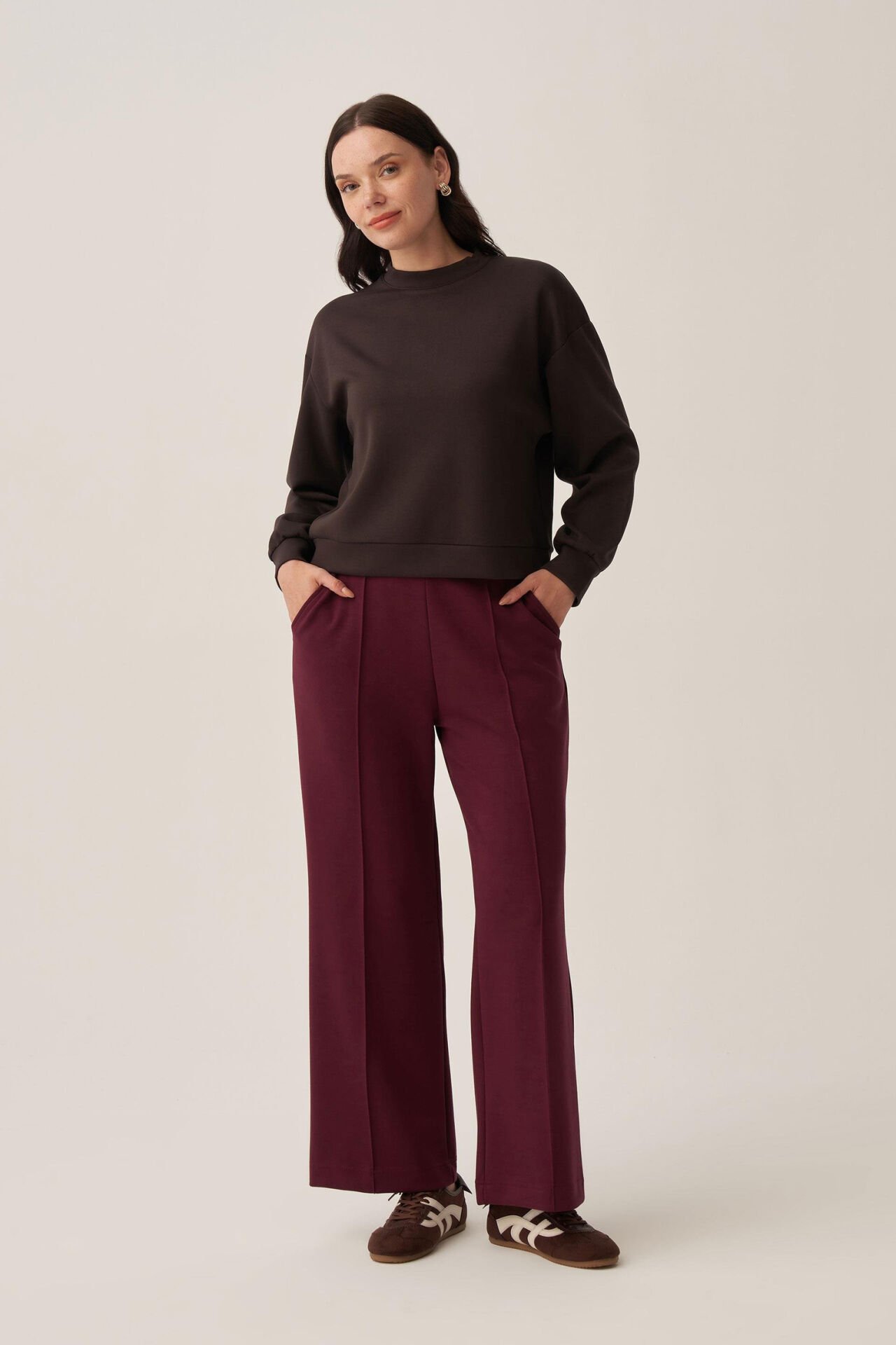 Allday B77135A0 Bordo Kadın Yumuşak Dokulu Palazzo Pantolon