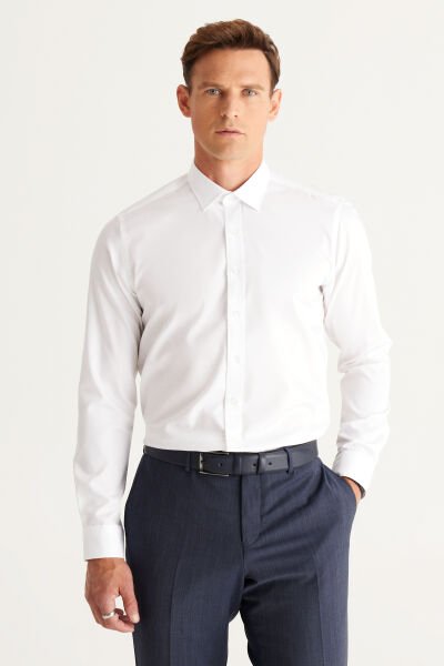 Altınyıldız 4A2000000007 Beyaz Erkek Slim Fit Yakalı %100 Pamuk Uzun Kol Gömlek