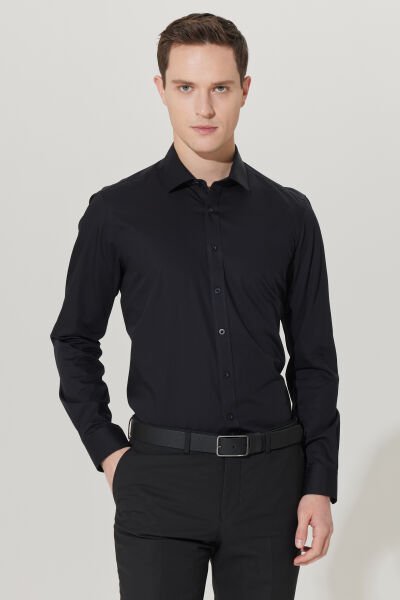 Altınyıldız 4A2000000007 Siyah Erkek Slim Fit Yakalı %100 Pamuk Uzun Kol Gömlek