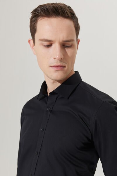 Altınyıldız 4A2000000007 Siyah Erkek Slim Fit Yakalı %100 Pamuk Uzun Kol Gömlek
