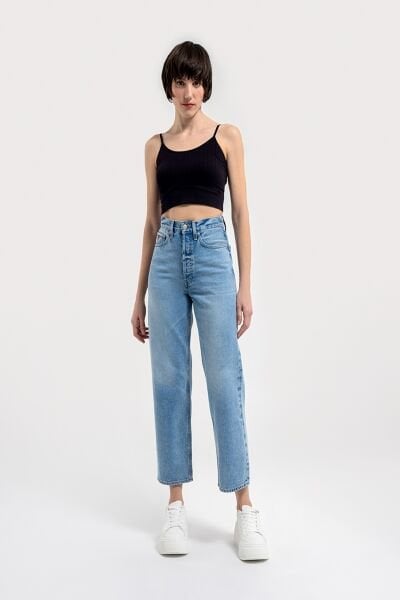 Loft 2036180 Mavi Kadın Vıntage Straıght Regular Fit Yüksek Bel Normal Kesim Geniş Paça %100 Pamuk Kot Pantolon