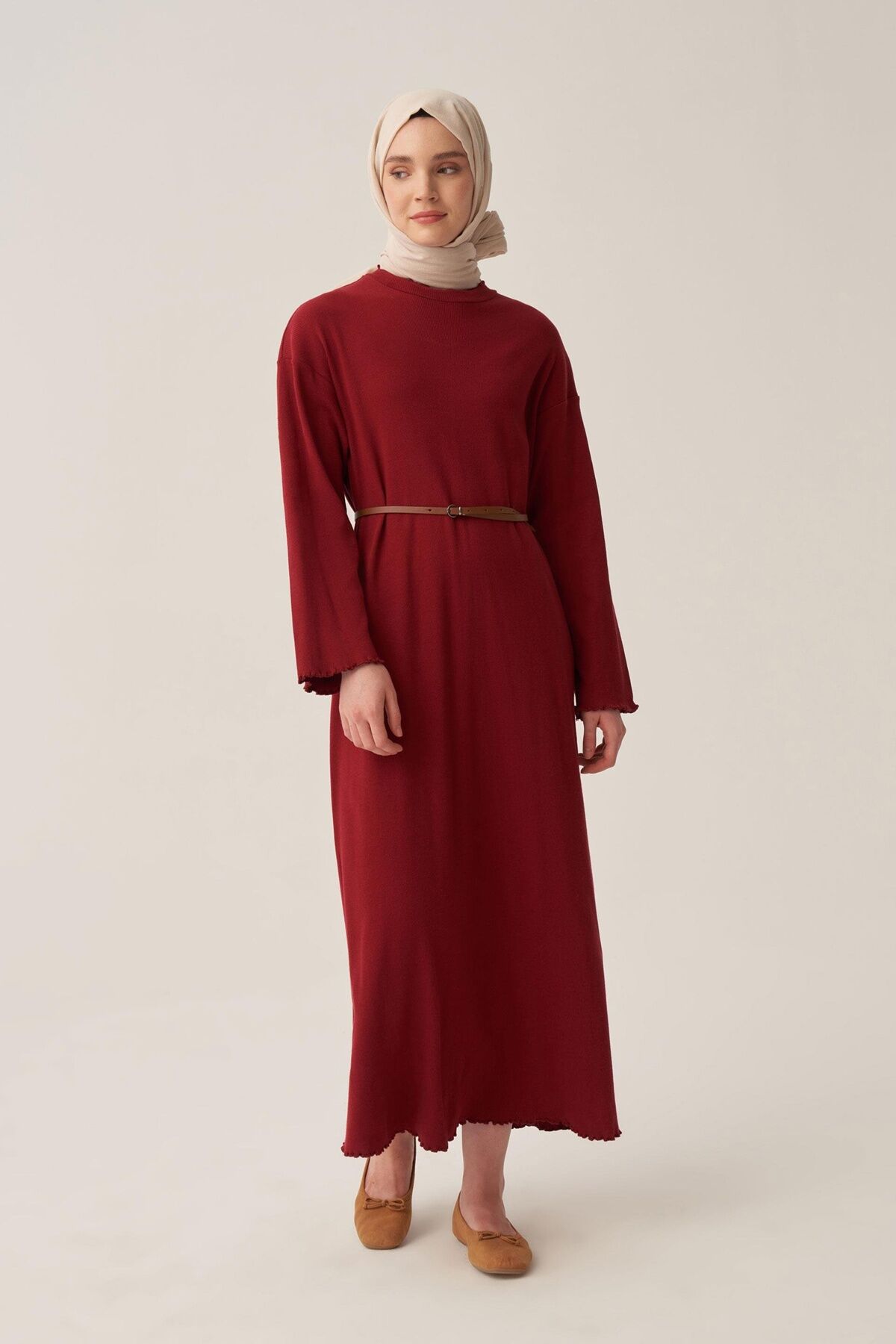 Allday W60189A0 Bordo Kadın Fırfır Detaylı Kaşkorse Elbise