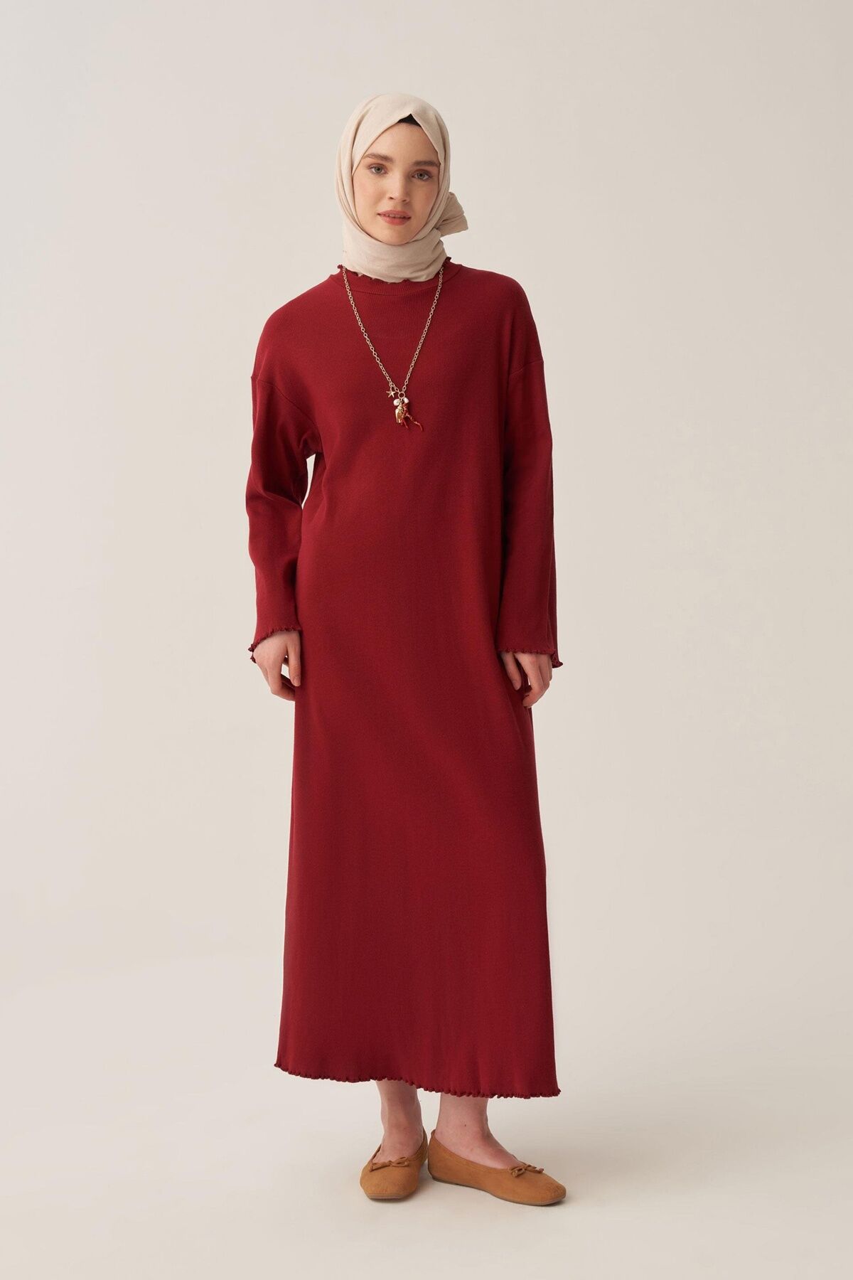 Allday W60189A0 Bordo Kadın Fırfır Detaylı Kaşkorse Elbise