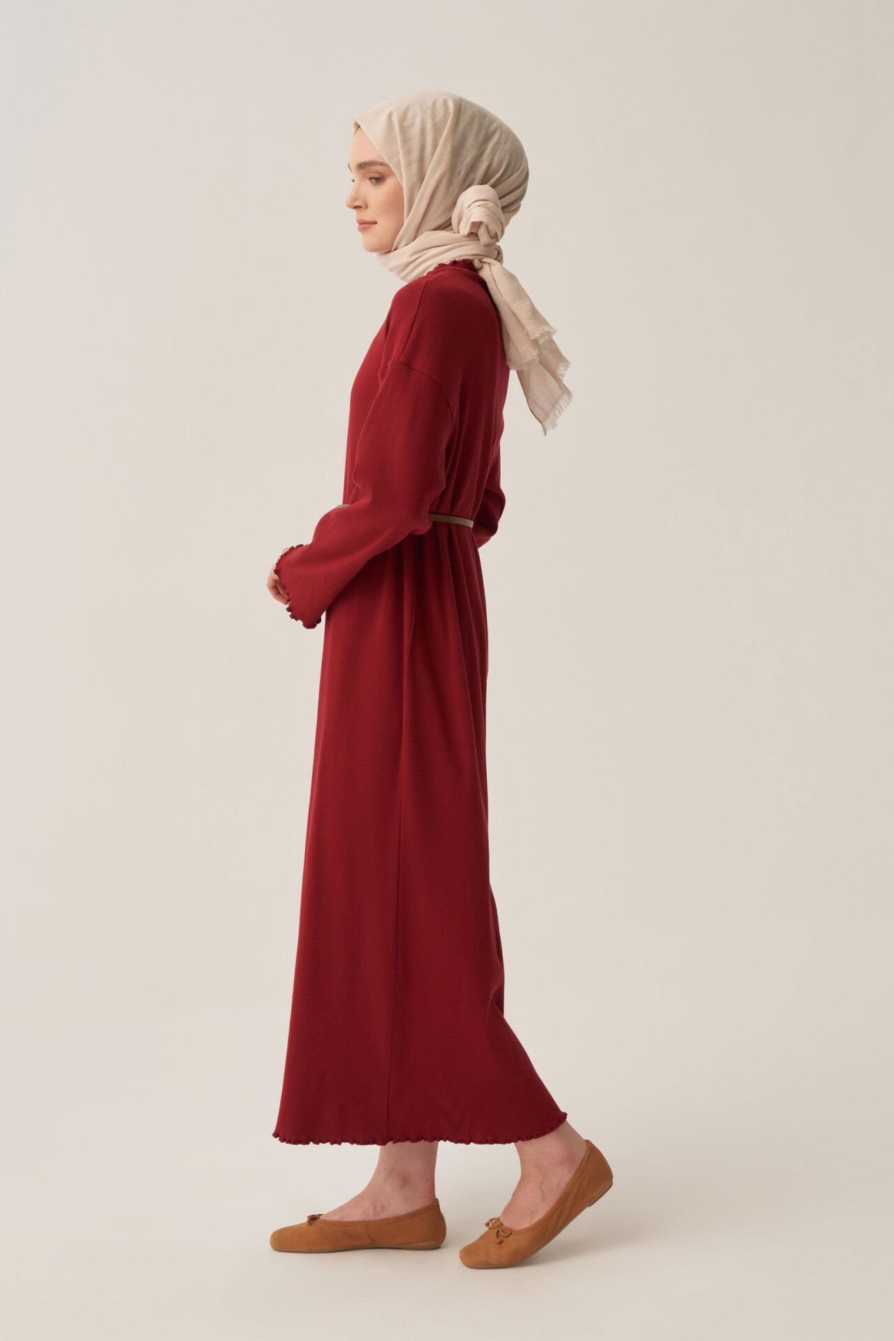 Allday W60189A0 Bordo Kadın Fırfır Detaylı Kaşkorse Elbise