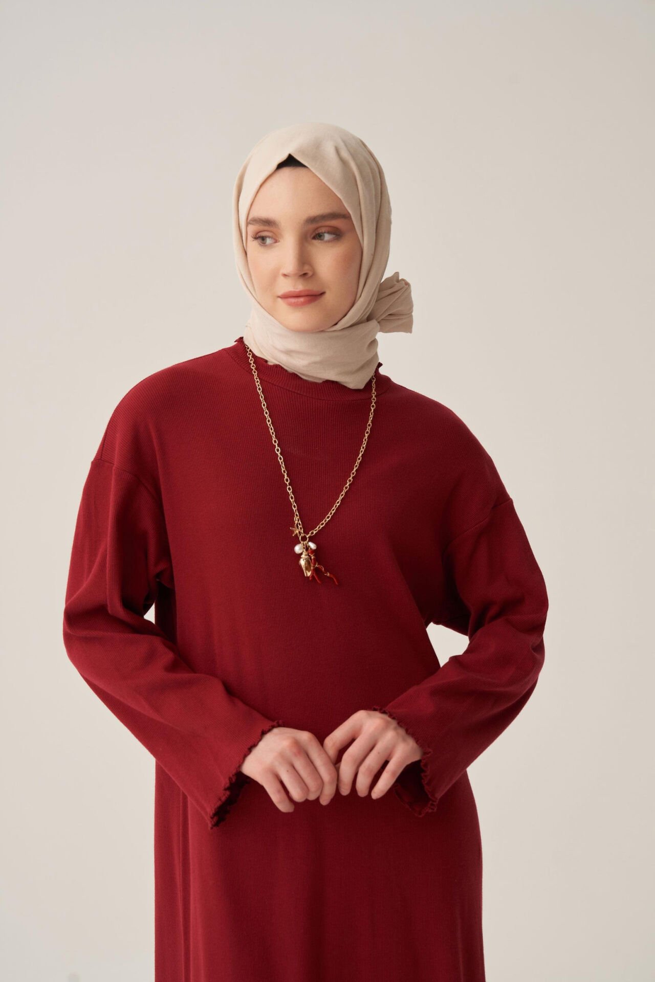 Allday W60189A0 Bordo Kadın Fırfır Detaylı Kaşkorse Elbise