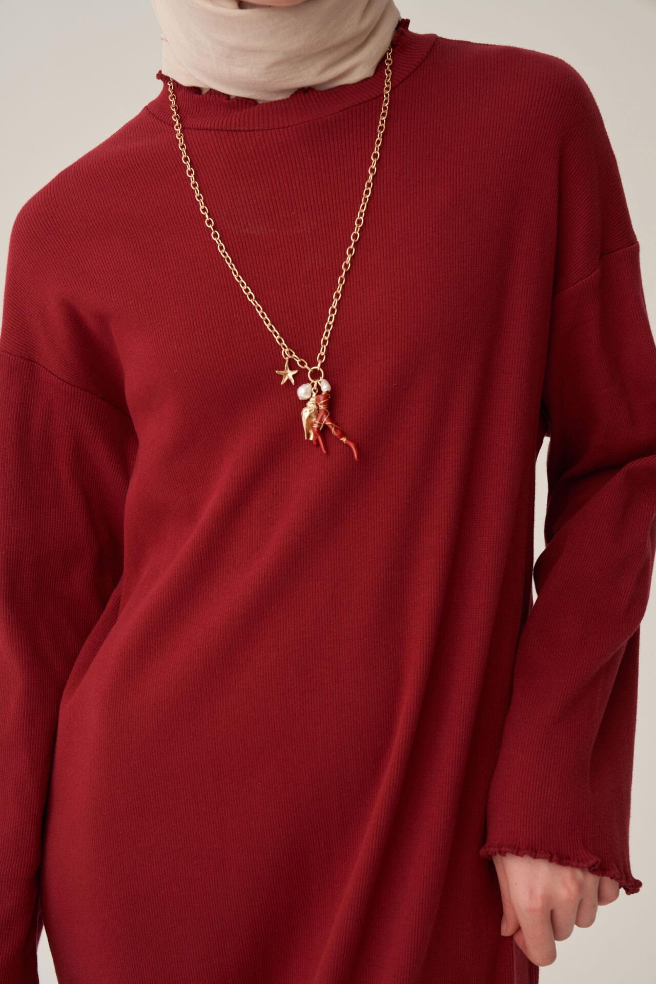 Allday W60189A0 Bordo Kadın Fırfır Detaylı Kaşkorse Elbise