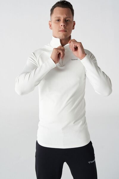 Hummel 911890-9003 Beyaz Erkek Lacce Zip Slim Fit Logo Baskılı Yüksek Yaka Yarı Fermuarlı Uzun Kol Tşört
