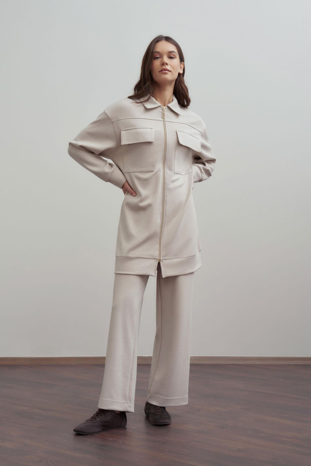 Allday B30110a0 Taş Kadın Yumuşak Dokulu Fermuarlı Pantolonlu Takım