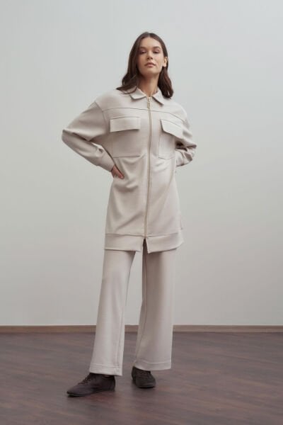 Allday B30110a0 Taş Kadın Yumuşak Dokulu Fermuarlı Pantolonlu Takım