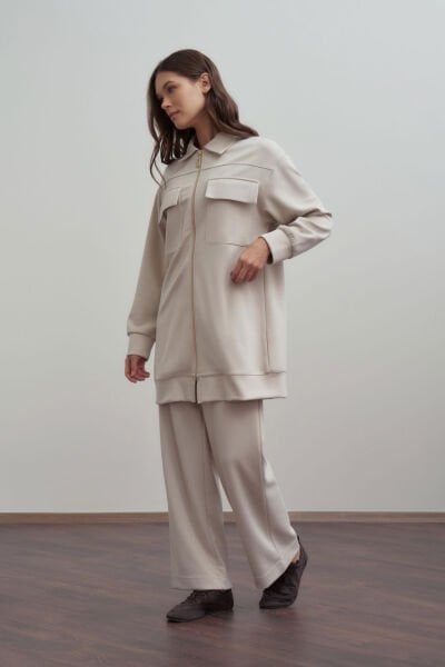 Allday B30110a0 Taş Kadın Yumuşak Dokulu Fermuarlı Pantolonlu Takım