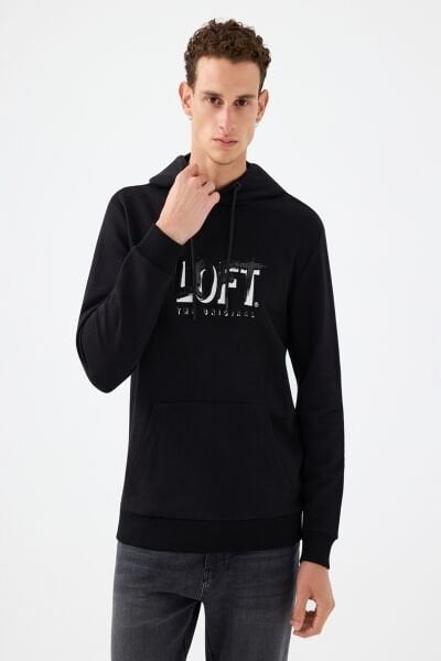 Loft LF2041579 Siyah Erkek %100 Pamuk Kapüşonlu Baskılı Sweatshirt
