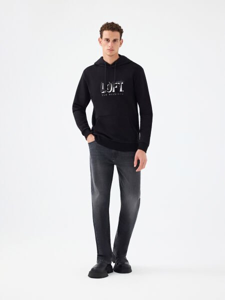 Loft LF2041579 Siyah Erkek %100 Pamuk Kapüşonlu Baskılı Sweatshirt