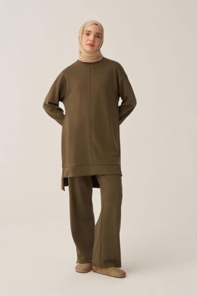 Allday BOB52319AL0 Haki Kadın Yumuşak Dokulu Bisiklet Yaka Sweat