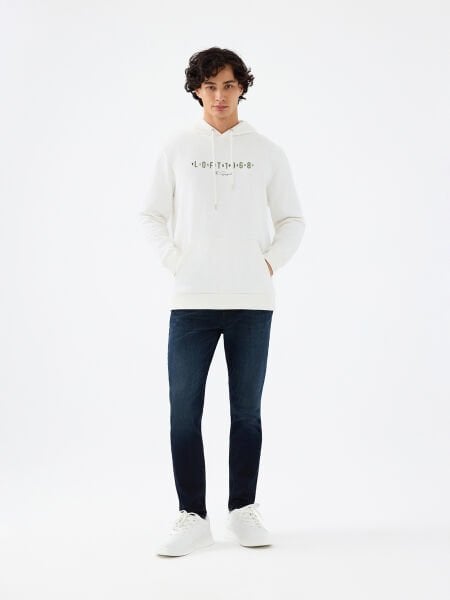 Loft LF2041023 Ekru Erkek Önü Baskılı Kanguru Cepli Kapüşonlu Sweatshirt