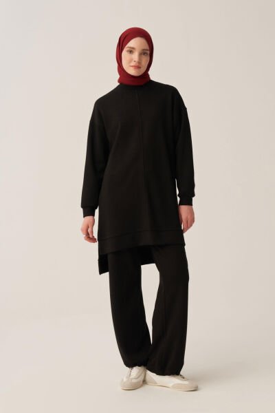 Allday BOB52319AL0 Siyah Kadın Yumuşak Dokulu Bisiklet Yaka Sweat
