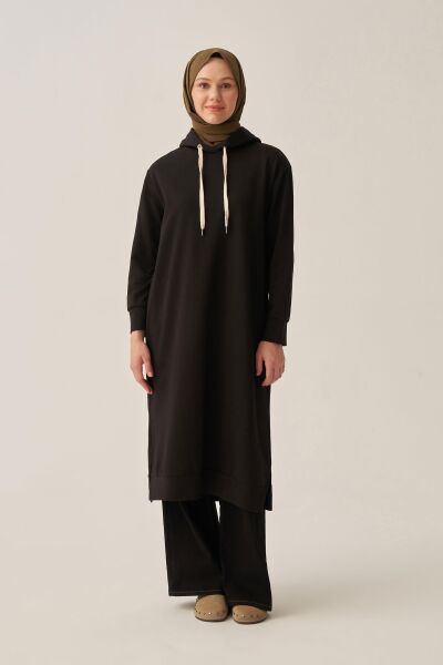 Allday B52018A0 Siyah Kadın Kuşgözlü Kapüşonlu Cepli Likralı Uzun Sweat