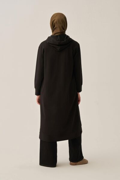 Allday B52018A0 Siyah Kadın Kuşgözlü Kapüşonlu Cepli Likralı Uzun Sweat