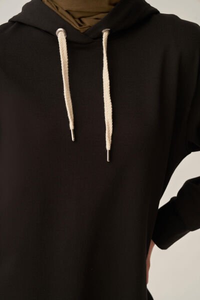 Allday B52018A0 Siyah Kadın Kuşgözlü Kapüşonlu Cepli Likralı Uzun Sweat