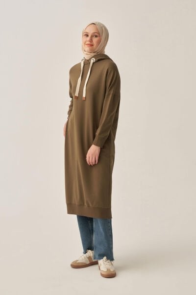 Allday B52018A0 Haki Kadın Kuşgözlü Kapüşonlu Cepli Likralı Uzun Sweat