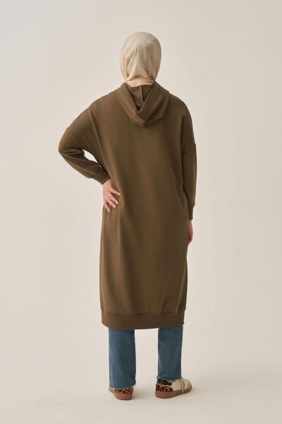 Allday B52018A0 Haki Kadın Kuşgözlü Kapüşonlu Cepli Likralı Uzun Sweat