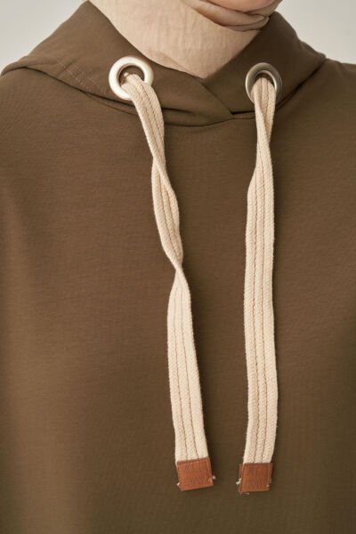 Allday B52018A0 Haki Kadın Kuşgözlü Kapüşonlu Cepli Likralı Uzun Sweat