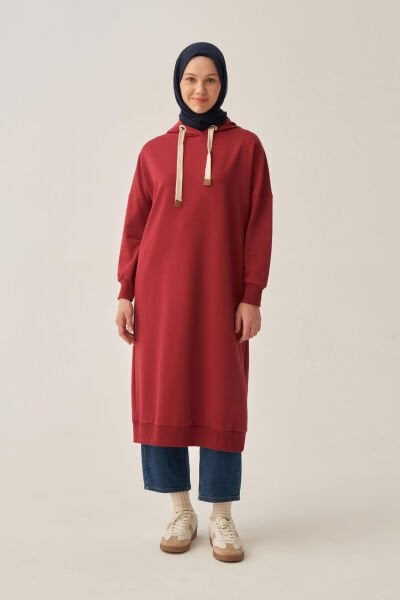 Allday B52018A0 Bordo Kadın Kuşgözlü Kapüşonlu Cepli Likralı Uzun Sweat