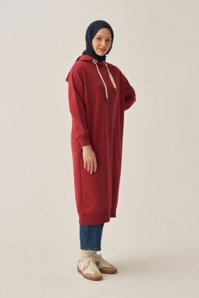 Allday B52018A0 Bordo Kadın Kuşgözlü Kapüşonlu Cepli Likralı Uzun Sweat