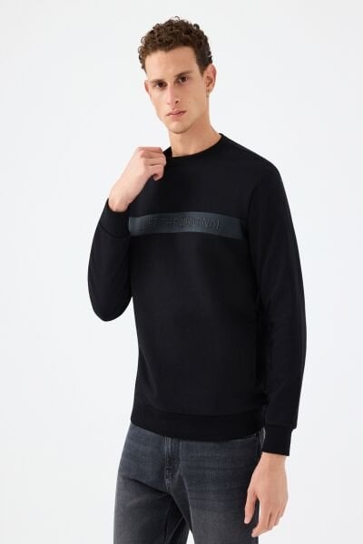 Loft LF2041211 Siyah Erkek Önü Baskılı Bisiklet Yaka Sweatshirt