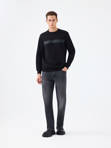 Loft LF2041211 Siyah Erkek Önü Baskılı Bisiklet Yaka Sweatshirt