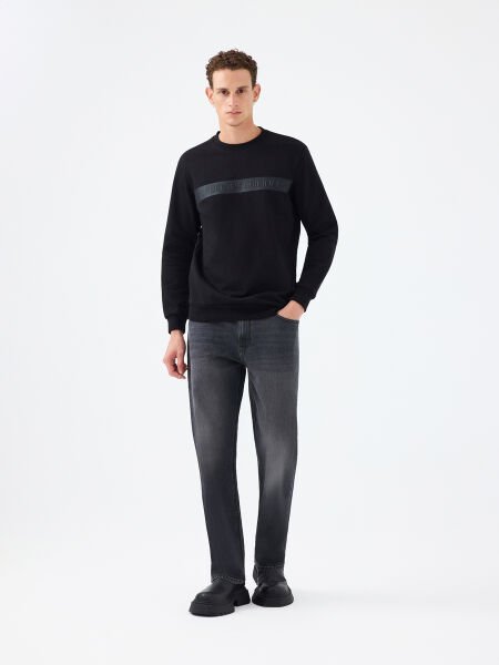 Loft LF2041211 Siyah Erkek Önü Baskılı Bisiklet Yaka Sweatshirt