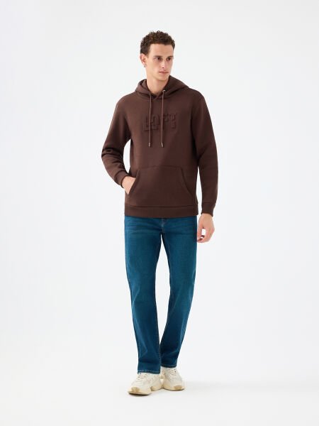 Loft LF2041392 Açık Kahverengi Erkek Kapüşonlu Kabartma Baskılı Şardonlu Sweatshirt
