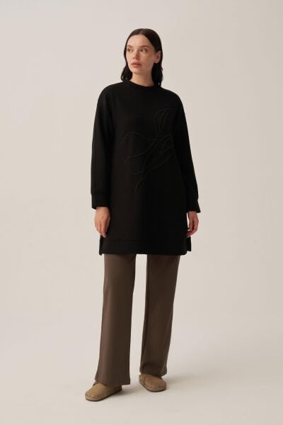 Allday B52310A0 Siyah Kadın Yumuşak Dokulu Nakışlı Sweatshirt