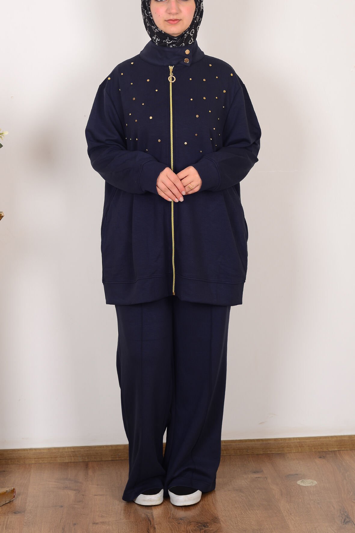 Allday B31090A9 Lacivert Kadın Yumuşak Dokulu Büyük Beden Droplu Eşofman Takımı