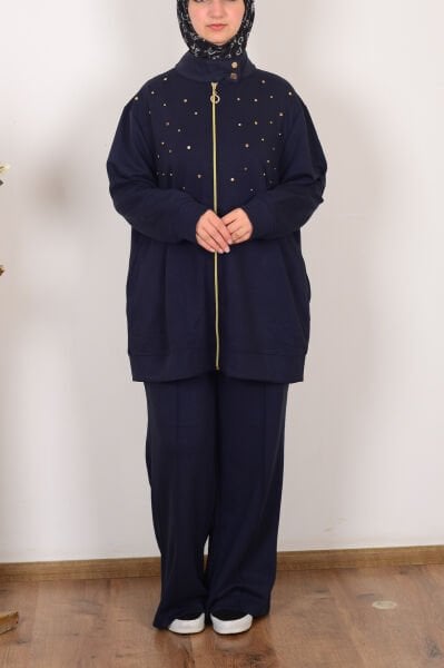 Allday B31090A9 Lacivert Kadın Yumuşak Dokulu Büyük Beden Droplu Eşofman Takımı