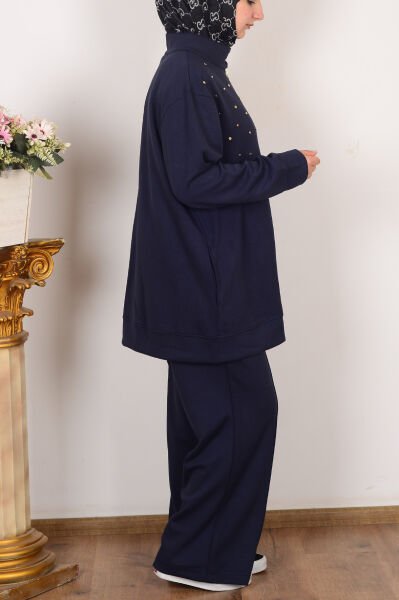 Allday B31090A9 Lacivert Kadın Yumuşak Dokulu Büyük Beden Droplu Eşofman Takımı