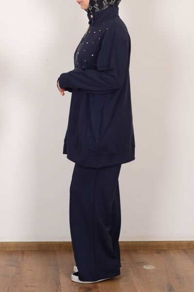 Allday B31090A9 Lacivert Kadın Yumuşak Dokulu Büyük Beden Droplu Eşofman Takımı