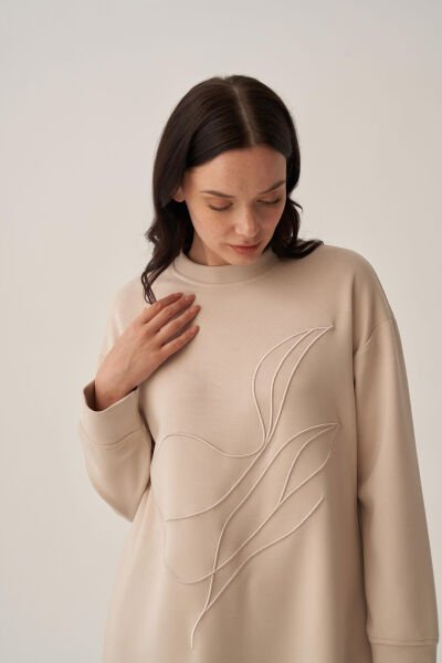 Allday B52310A0 Taş Kadın Yumuşak Dokulu Nakışlı Sweatshirt