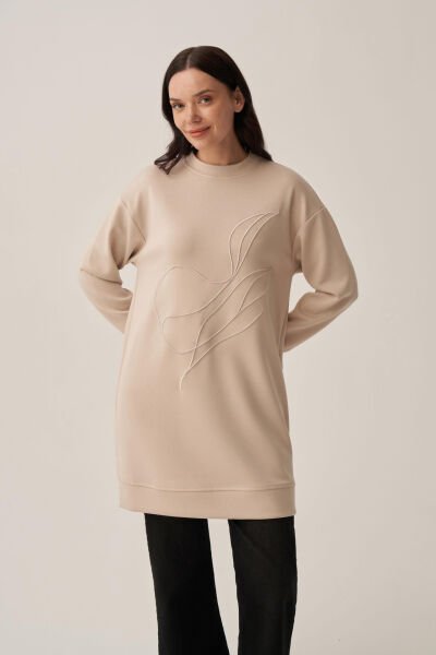 Allday B52310A0 Taş Kadın Yumuşak Dokulu Nakışlı Sweatshirt