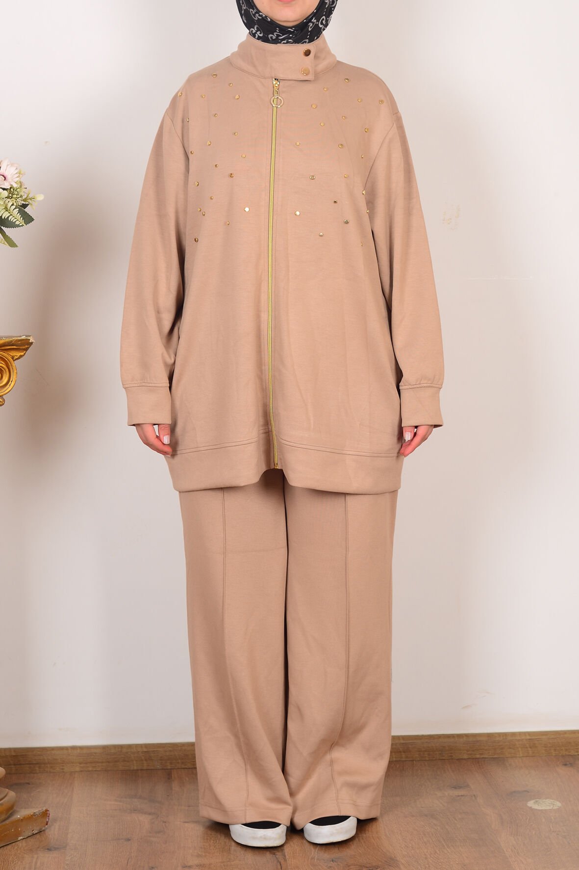 Allday B31090A9 Vizon Kadın Yumuşak Dokulu Büyük Beden Droplu Eşofman Takımı