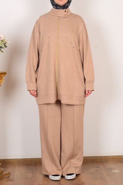 Allday B31090A9 Vizon Kadın Yumuşak Dokulu Büyük Beden Droplu Eşofman Takımı