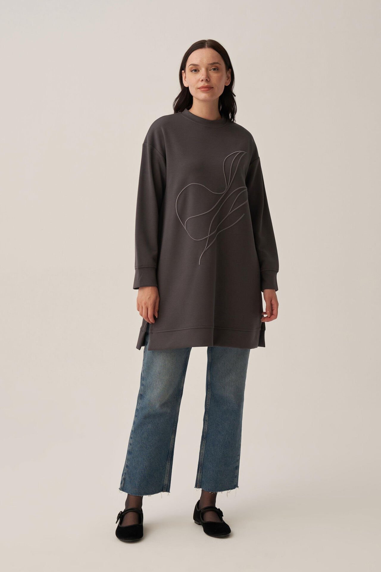 Allday B52310A0 Antrasit Kadın Yumuşak Dokulu Nakışlı Sweatshirt