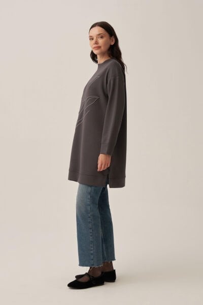 Allday B52310A0 Antrasit Kadın Yumuşak Dokulu Nakışlı Sweatshirt