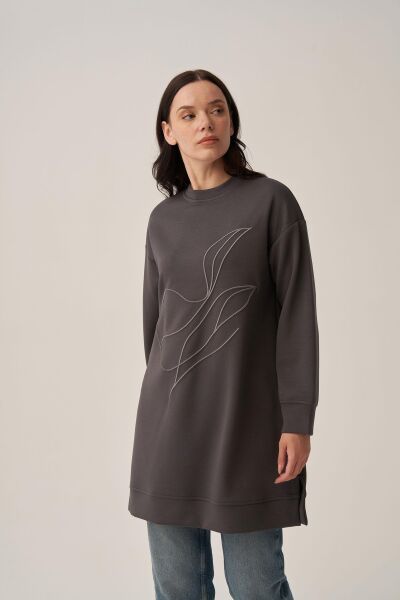 Allday B52310A0 Antrasit Kadın Yumuşak Dokulu Nakışlı Sweatshirt