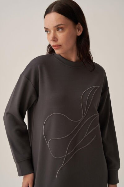 Allday B52310A0 Antrasit Kadın Yumuşak Dokulu Nakışlı Sweatshirt