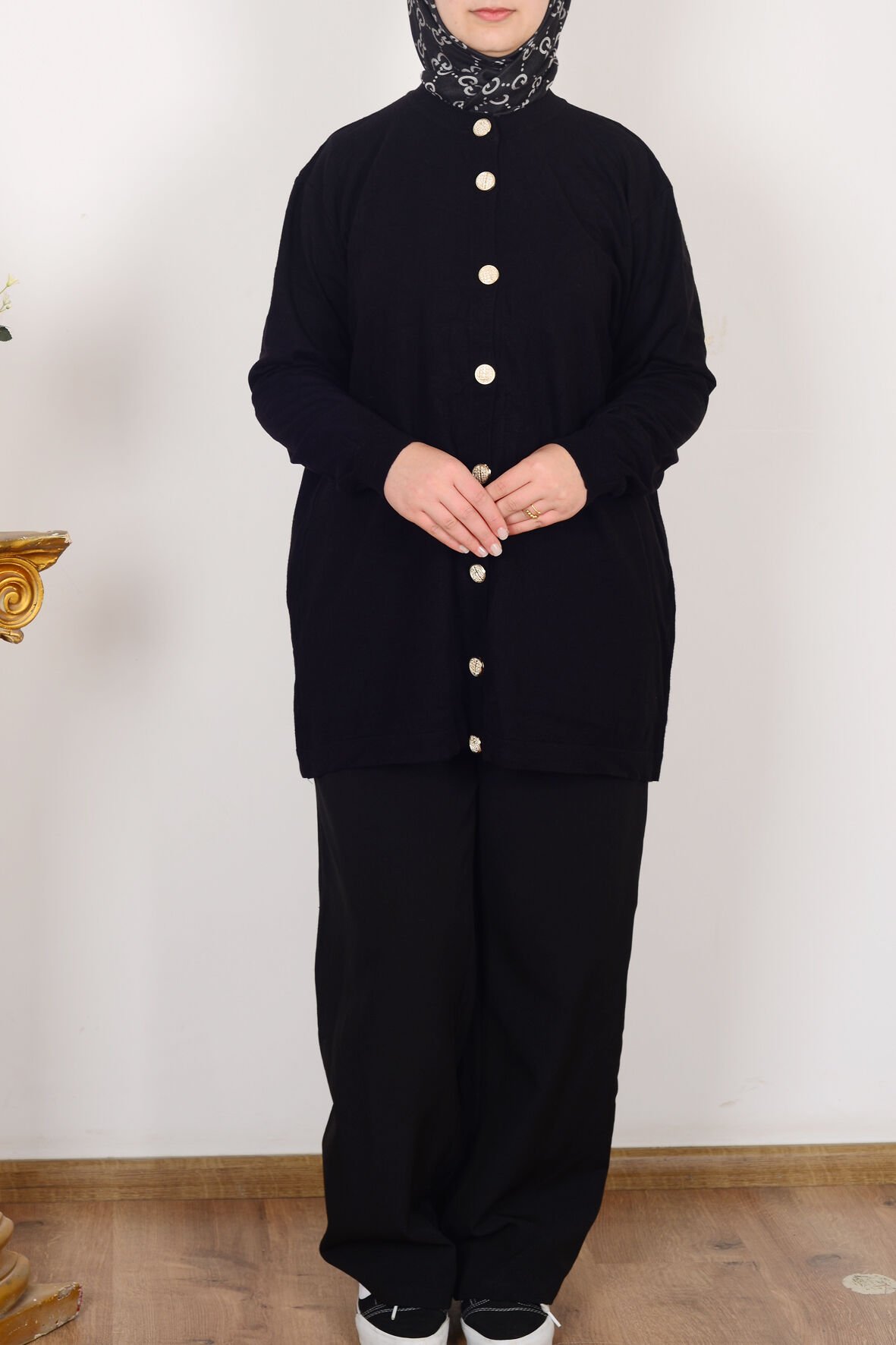 Allday W93170A9 Siyah Kadın Patı Dügmeli Triko Hırka