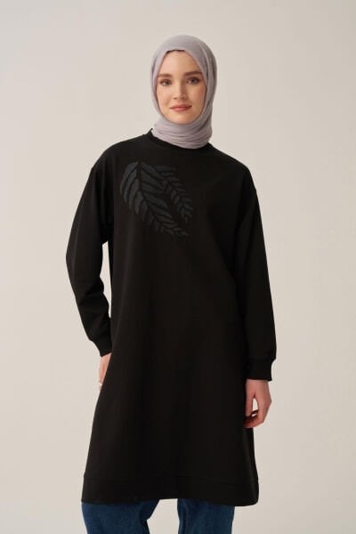 Allday B50299A0 Siyah Kadın Pamuklu Nakışlı Uzun Tunik