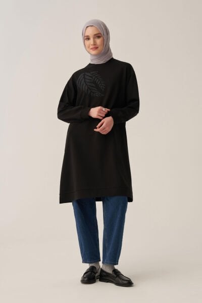 Allday B50299A0 Siyah Kadın Pamuklu Nakışlı Uzun Tunik