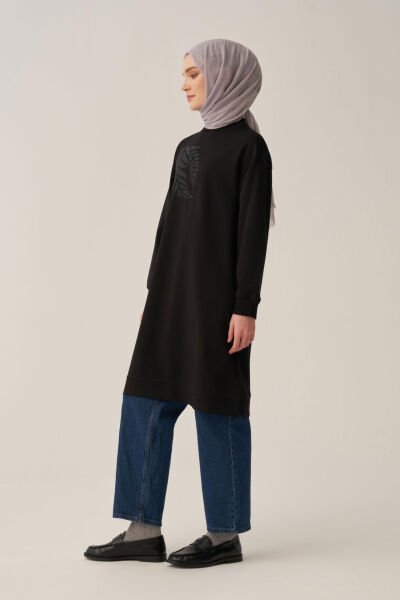 Allday B50299A0 Siyah Kadın Pamuklu Nakışlı Uzun Tunik